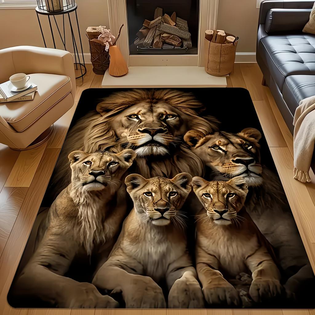 Realistic Lion Family Portrait Printed Flannel Rug Soft Carpet For Living Room Bedroom Wildlife Nature Decor Artistic Design