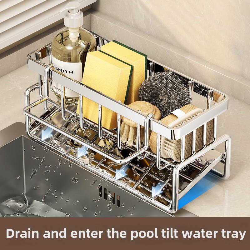 Stainless Steel Kitchen Sink Organizer | Faucet Caddy with Self-Draining Sponge Holder, Towel Rack & Compact Storage Solution