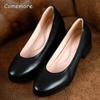 Fashion Comemore 2025 New Real Cow Leather Spring Round Toe Girl Black Work Pumps Shoes for Woman Zapatos Med Square High Heels Women 43