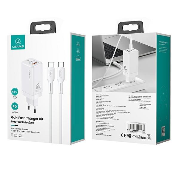 Usams Ład. Siec. Mt 2Xusb-C+Usb Gan 65Wt33 Pd + Kabel Usb-C-Usb-C 100W Fast Charging Biały/White Mtxlogtc02