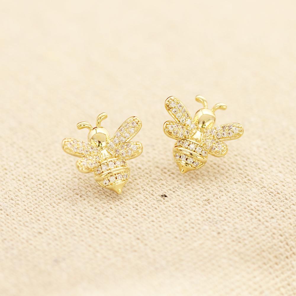 European and American Diamond-encrusted Gold and Silver Two-color Gold-plated Little Bee Shape Earrings, Simple and Versatile 925 Silver Needle Stud E