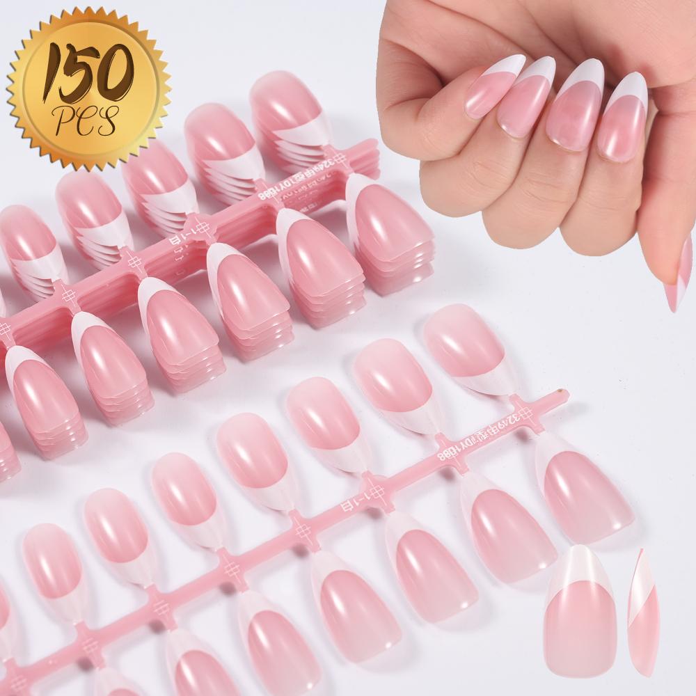 120/150pcs Nude French Almond Tips Press on Nails Pre-applied Tip Primer Soft Gel Tips 15 Sizes Short Extension Tip 17-24mm