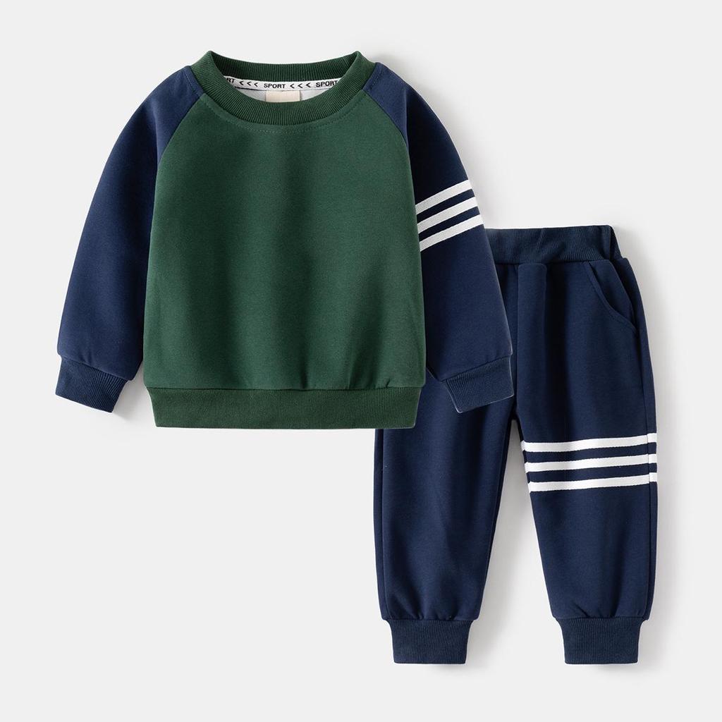Autumn 2025 Boys' Patchwork Stripe Hoodie & Pants Two-Piece Set