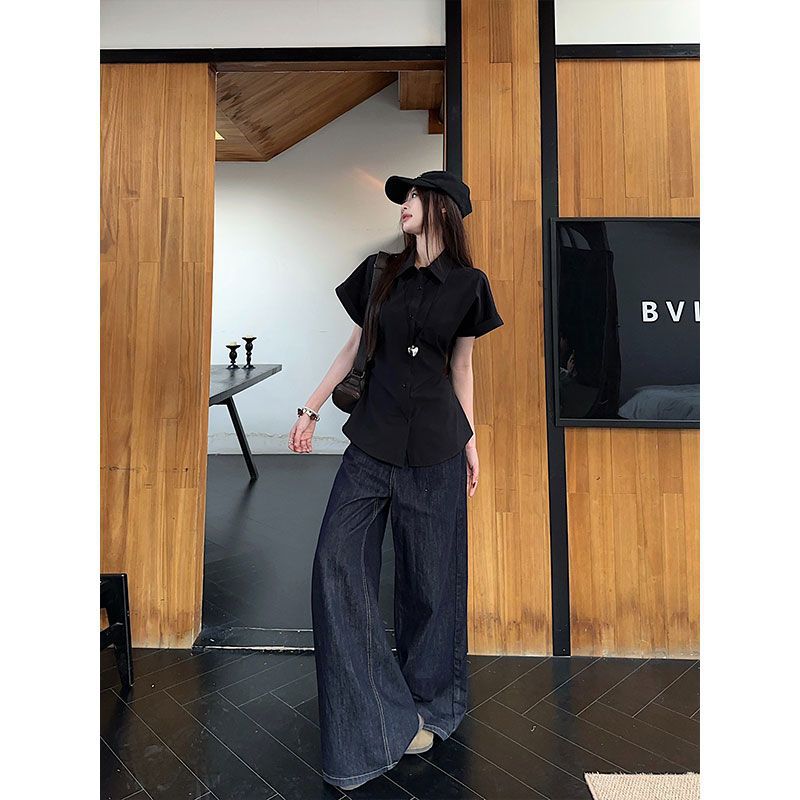 Korean White Polo Collar Short-sleeved Shirt Women's Summer Pleated Slim-fit Shirt Design Temperament Slim Top