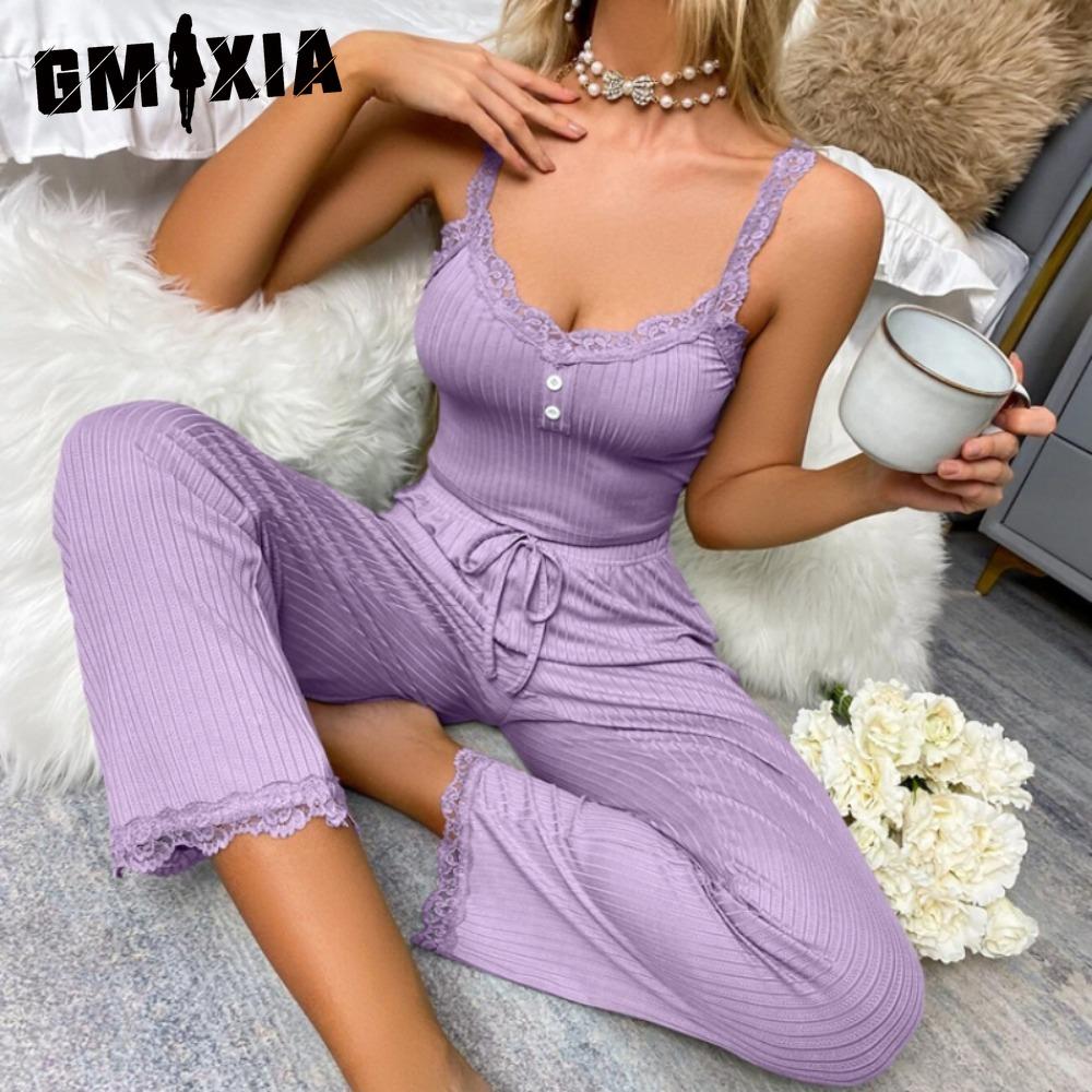 

GMXIA Casual Pyjamas Women s Lace Lace Camisole Trousers Sexy Hottie Homewear Two-piece Set S фиолетовый