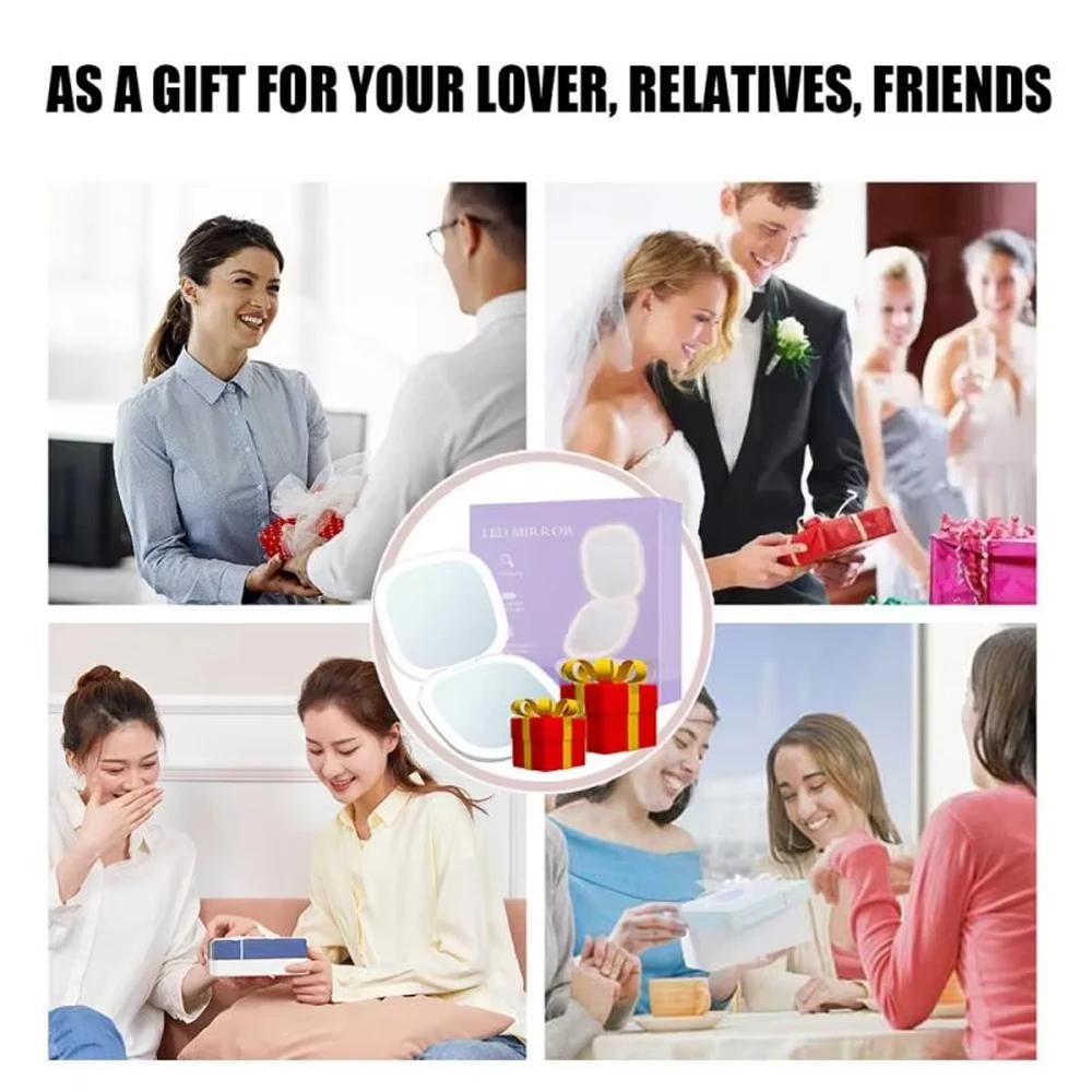 2 Gesichtsseiten Touch Kompakt LED 3 Farben Mini Faltbarer Kosmetik Lade Make-up Spiegel mit Licht 5X Vergrößerung Kompakt Handheld