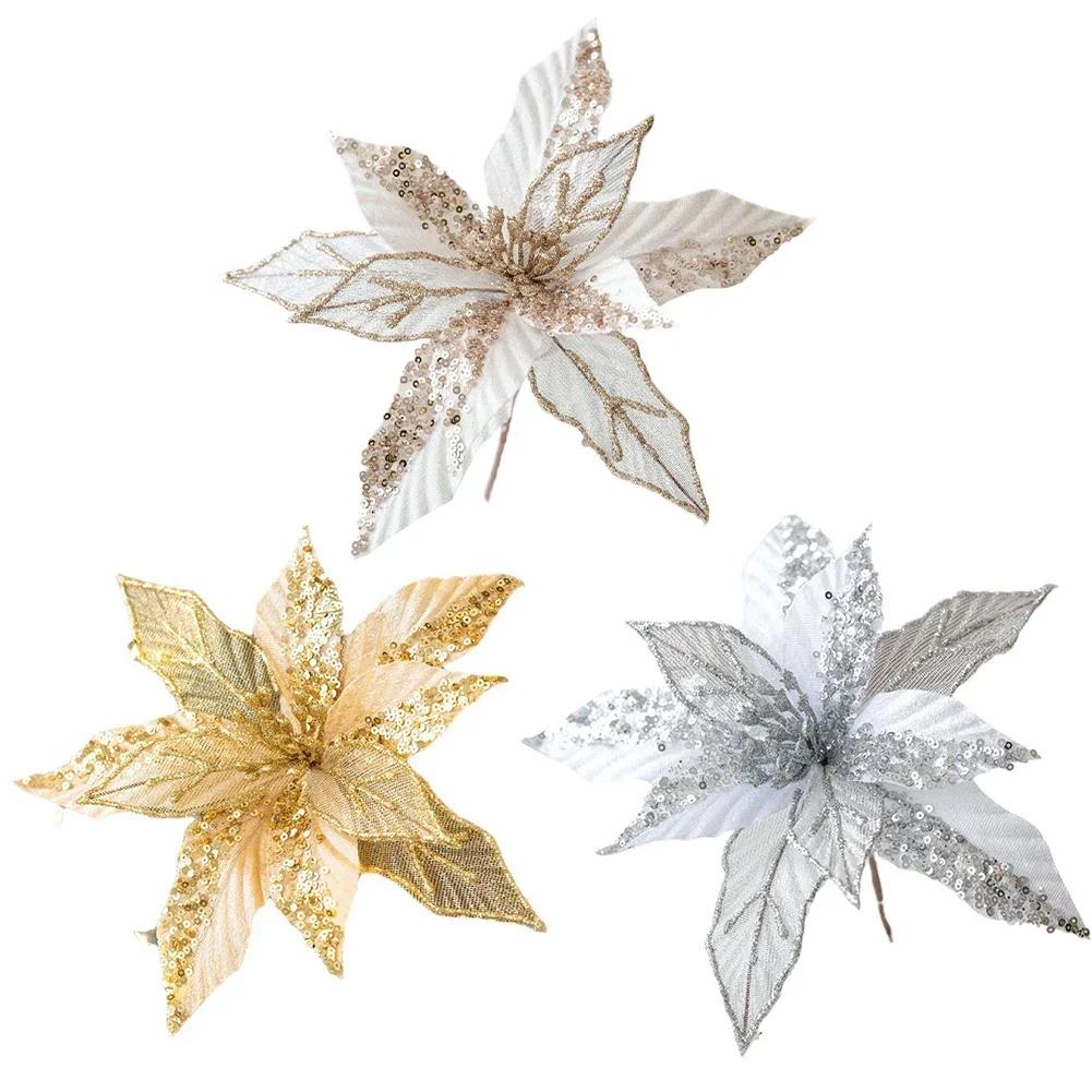 Pack of 6 Seasonal Glitter Poinsettia Ornaments with Poles for Tree Decoration and Alternative Holiday Displays