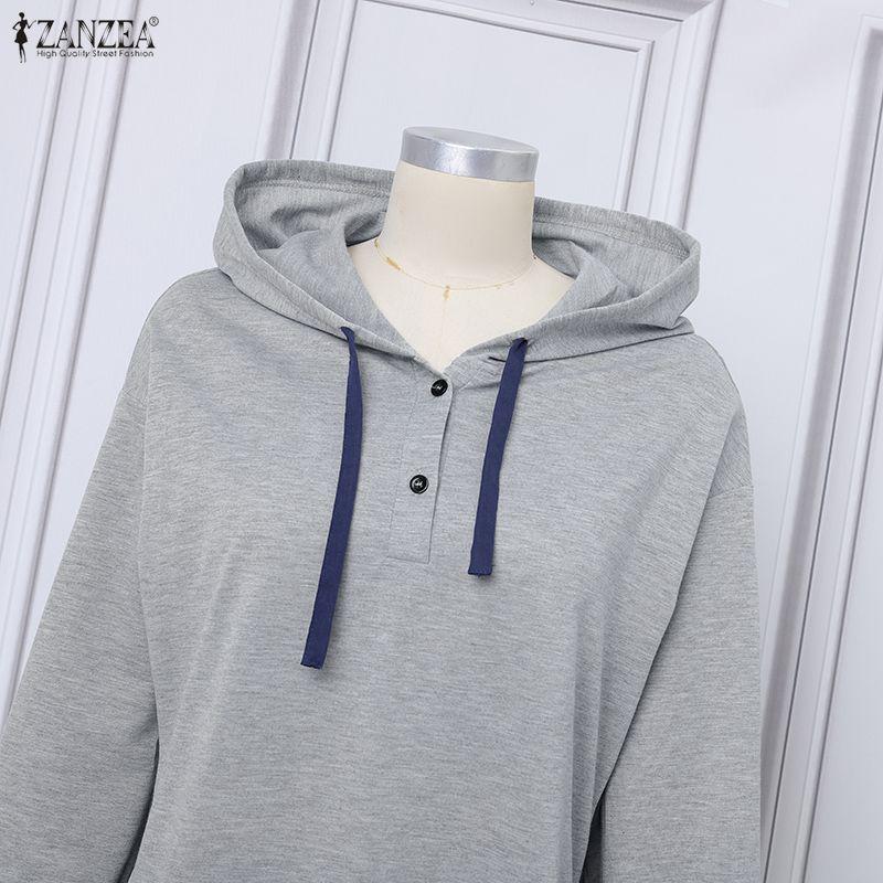 ZANZEA Herbst Damen Langarm Freizeit Dünn Mit Kapuze Pullover Langes Kleid