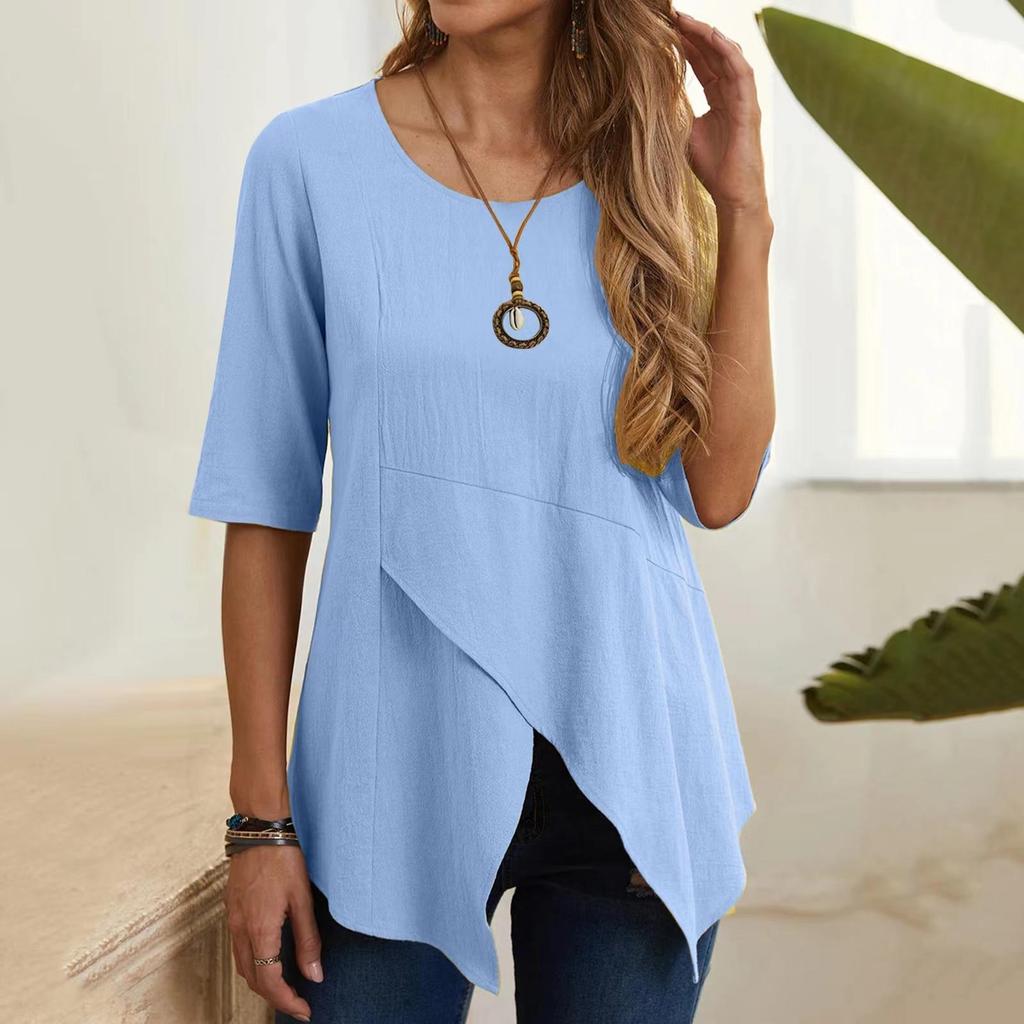 Pull Printemps Été Automne Col Rond Coupe Ajustée Manches Mi-longues Coton Lin T-shirt