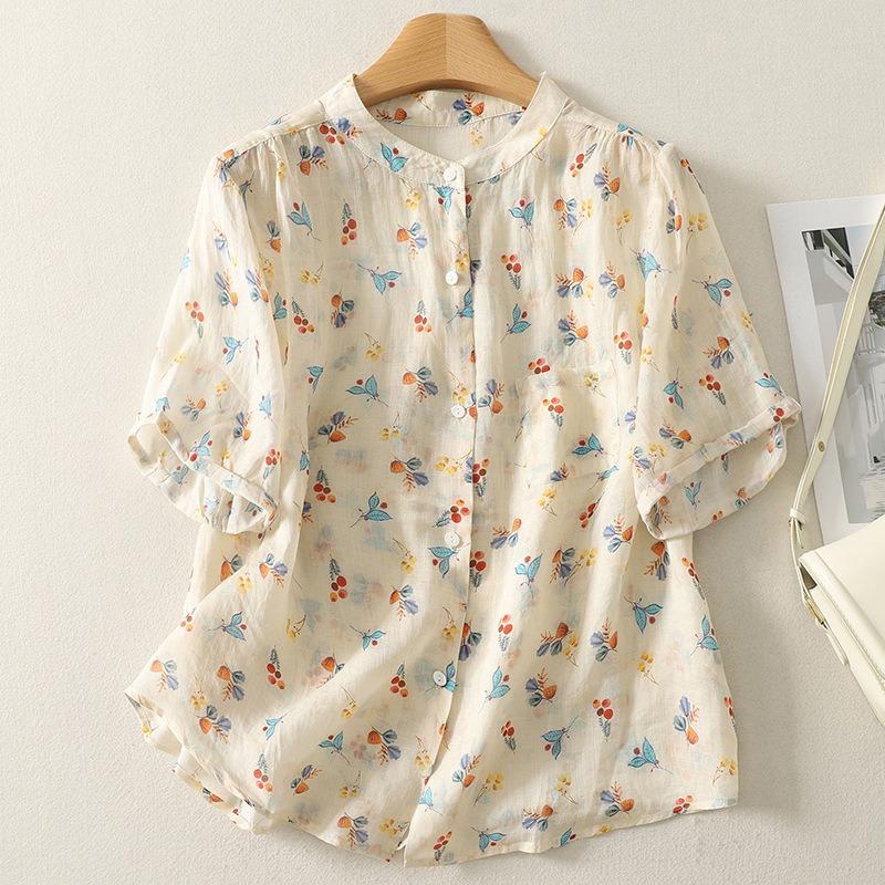 Women Mandarin Collar Half Placket Roll Cuff Short Sleeve Floral Print Thin Linen Blouse M