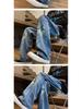 Unisex Korean Street-Style Elastic Waist Dark Star Jeans - Trendy, Loose Straight-Leg for Spring and Autumn