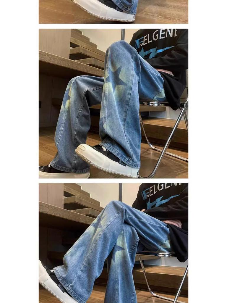 Unisex Korean Street-Style Elastic Waist Dark Star Jeans - Trendy, Loose Straight-Leg for Spring and Autumn