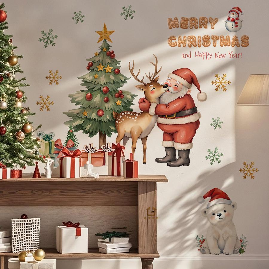 Adorable Santa & Reindeer Christmas Wall Sticker for Bedroom Living Room Entrance Hall Home Decoration Wall Decal