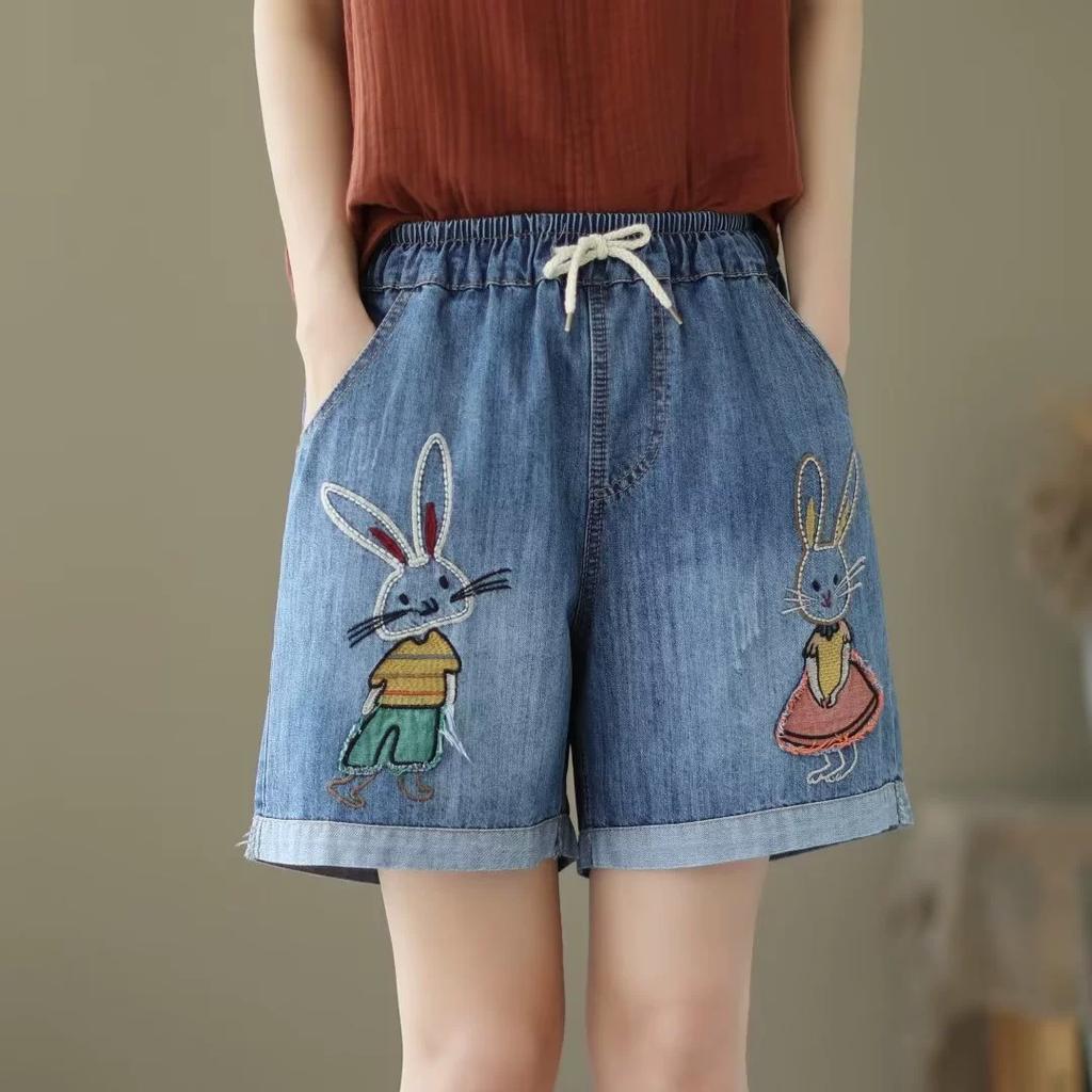 Japanese Denim Shorts Women's Summer Loose and Thin Retro Casual Embroidered Three-point Pants Wide-leg Pants