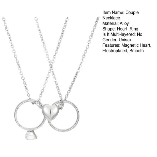Yousheng 1 Pair Couple Matching Necklaces Electroplated Alloy Magnetic Heart And Ring Shape Pendant Adjustable Romantic Love Husband Wife Pairing