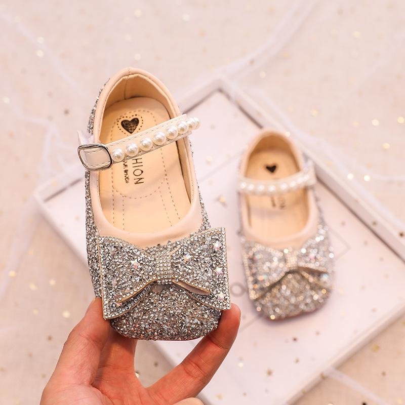 

[Spring Korean Girls Bow Crystal Princess Shoes Soft Sole Pearl Dress Shoes for Little Girls] size 23 серебряный
