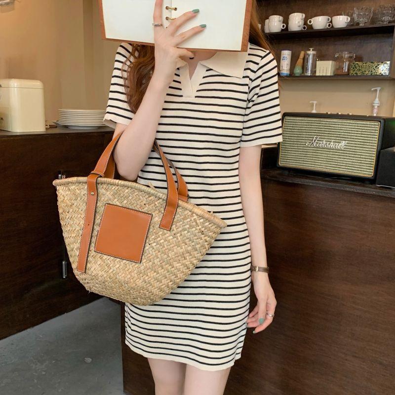 Retro Chic Striped Polo Collar Knit Dress - Summer 2025 Hong Kong Style Bodycon Skirt