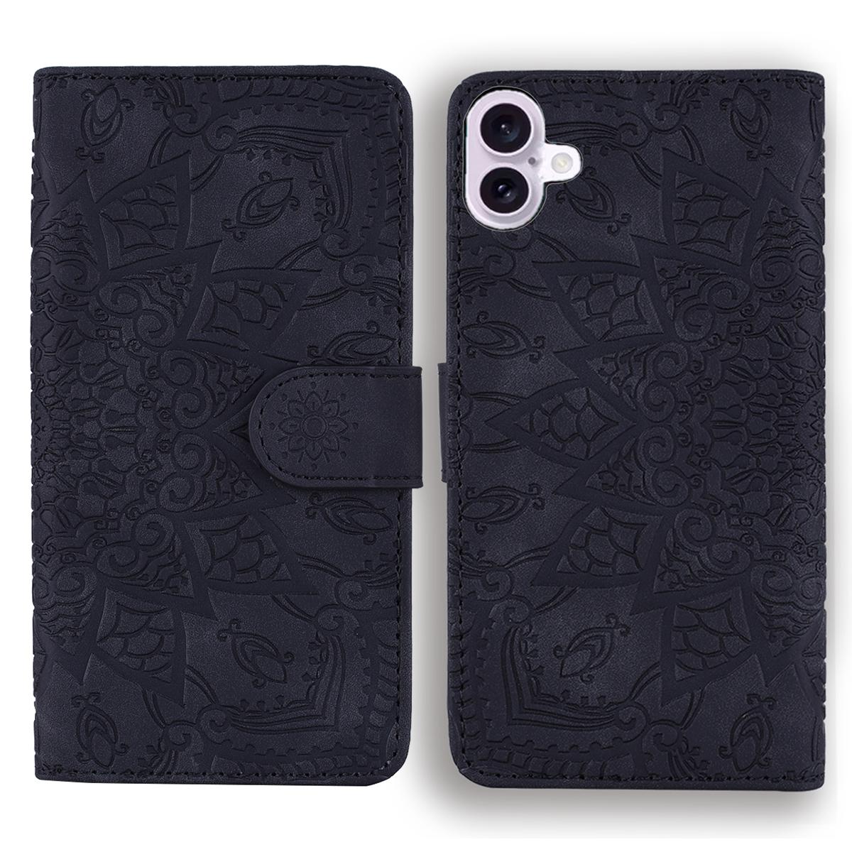 

For iPhone 17 Case Flower Imprinted PU Leather Wallet Flip Phone Cover with Wrist Strap Black