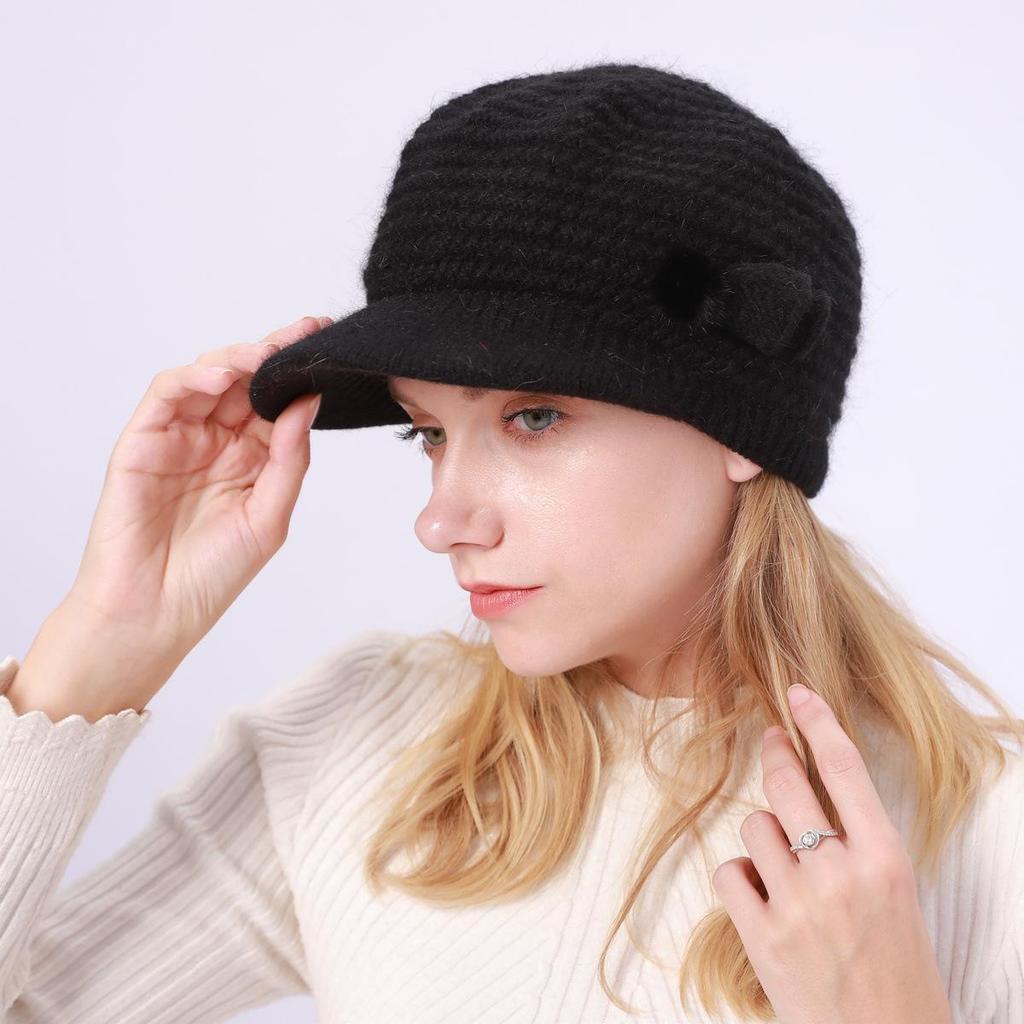 New Autumn and Winter Women's Peaked Cap Solid Color Knitted Hat Plus Velvet Warm Beret