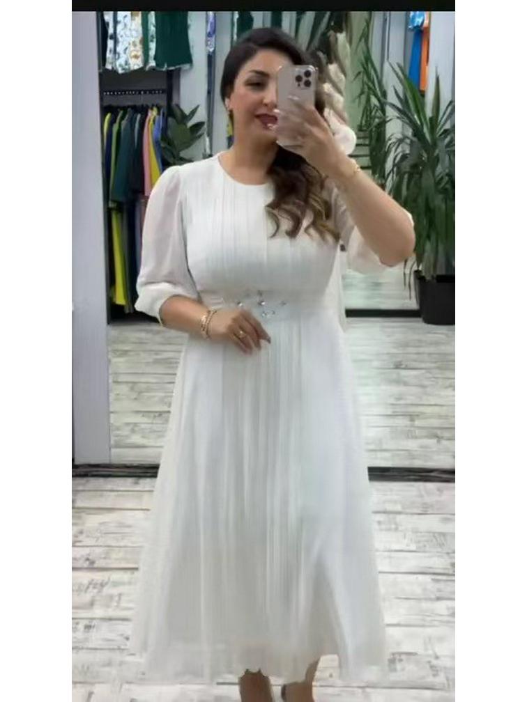 Lantern Sleeve V-Neck A-Line Pleated Maxi Dress - Elegant Waist-Defining, Solid Color Swing Style.