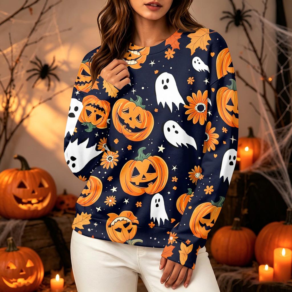 Women's Halloween Long Sleeve Sweatshirt with Pumpkin Print, Round Neck Pullover Top for Casual Daily Wear