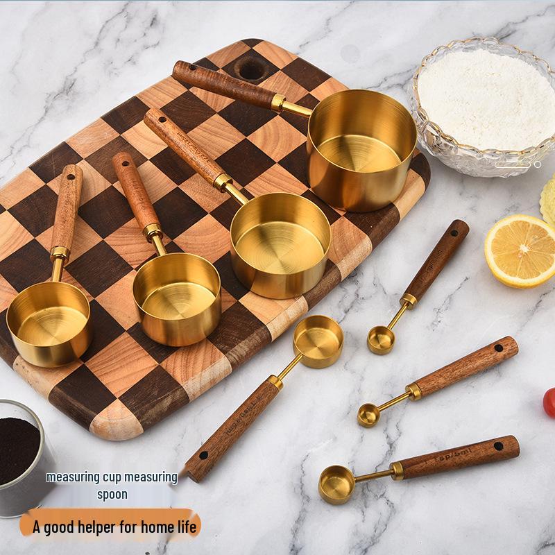 Gold-Plated Stainless Steel Measuring Cups & Spoons Set with Acacia Wood Handles, 8-Piece Kitchen Baking Tools.