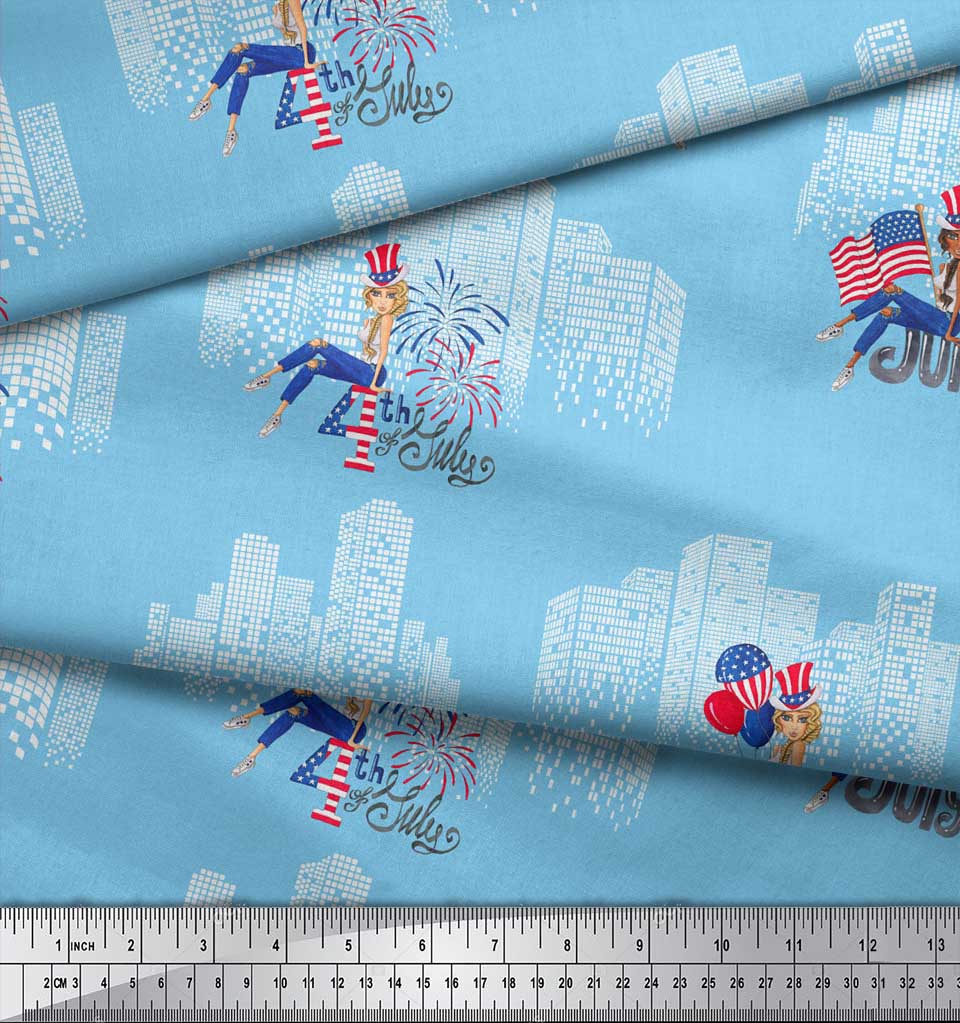 Soimoi Blue Japan Crepe Satin Fabric Text,Women & Bulidings Architectural Decor Fabric Printed Metre 42 Inch