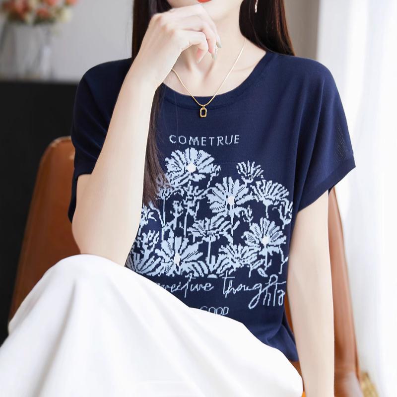Knitted  Top Spring Summer Jacquard Women's T-shirt Short Sleeve Loose Tees Round Neck  Tops Cool