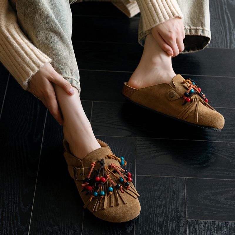 Fashion Autumn New Baotou Slippers Women's Fashion Round Head Deep Fringe Non-slip Wear-resistant Comfortable Flat Shoes