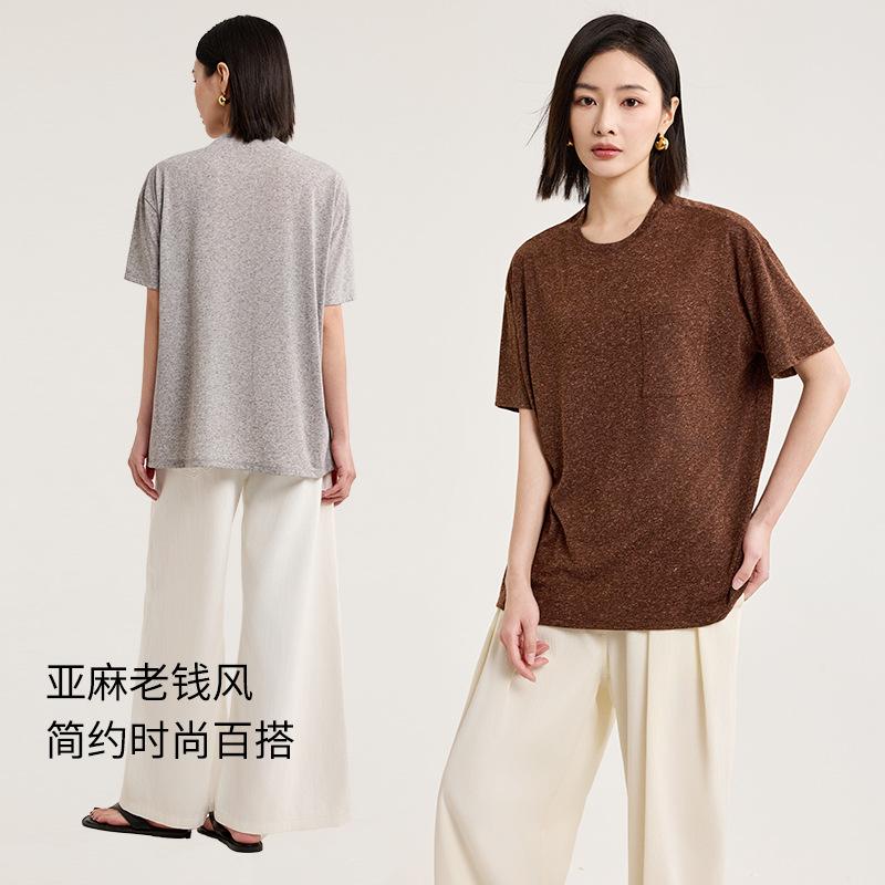 Lao Qianfeng Linen Round Neck Short-sleeved T-shirt Women's Static Luxury Blend A Antibacterial Loose and Versatile Model