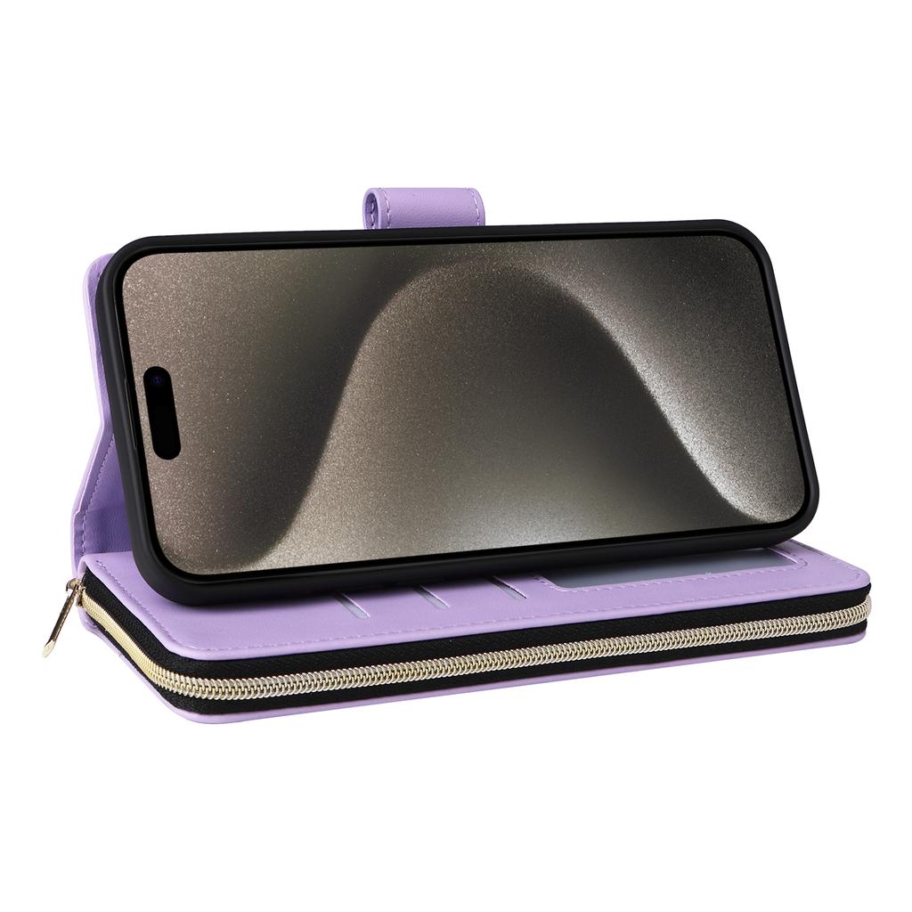 R20 For iPhone 15 Pro Case Zipper Pocket PU Leather Cover with 9 Card Slots