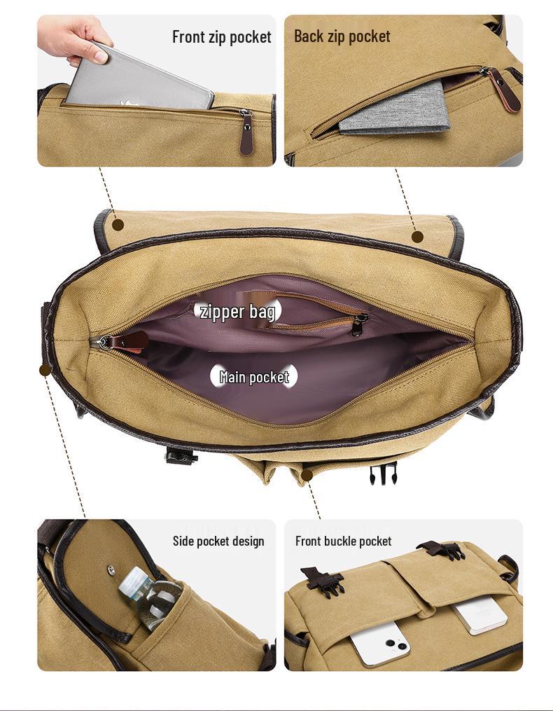 Men's Solid Color Canvas Crossbody Bag - Large Capacity, Versatile, Fashionable Messenger Bag for Commuting and Outdoor Use.