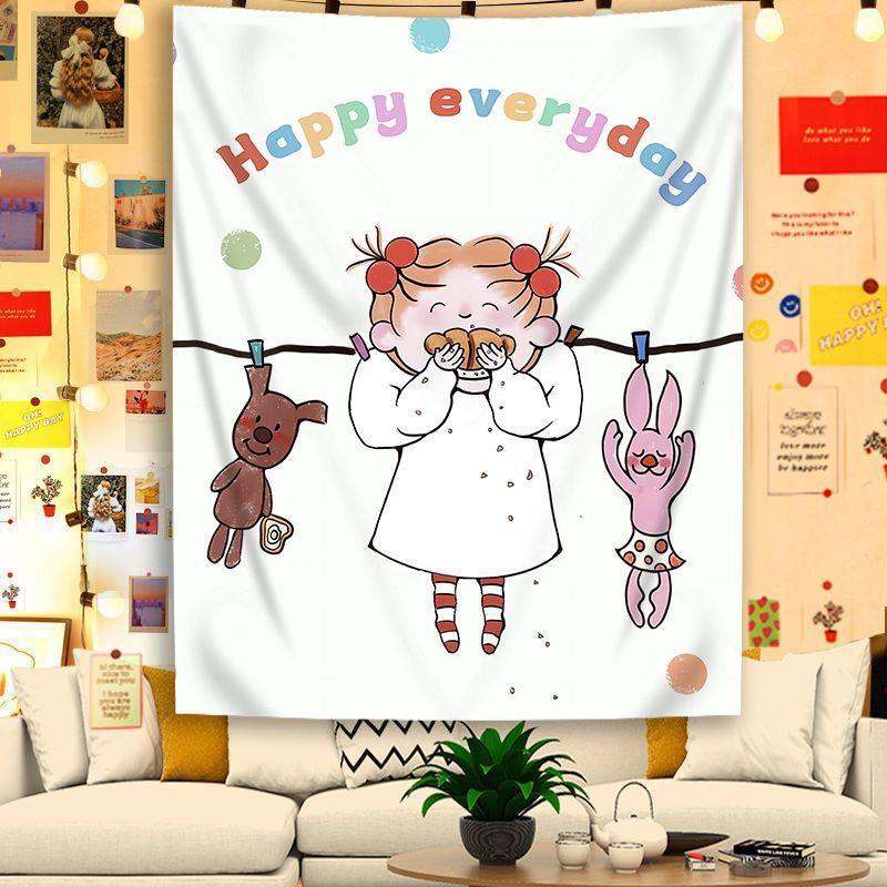 Happy Everyday Tapestry Wall Hanging Cute Girl Umbrella Balloon Cartoon Quote Aesthetic Wall Art Bedroom Dorm Room Decor