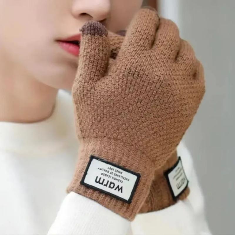 Knitted wool gloves non-slip five-finger plush split-finger gloves for men and women, thickened in autumn and winter, warm cycling