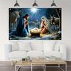 2D Nativity Themed Backdrop for Christmas, Holy Family with Baby Jesus and Farm Animals Photography Background