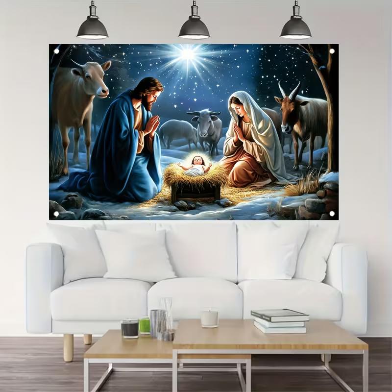 2D Nativity Themed Backdrop for Christmas, Holy Family with Baby Jesus and Farm Animals Photography Background