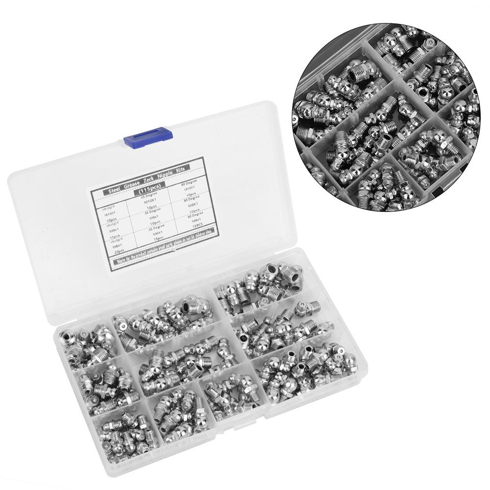 115Pcs Steel Grease Zerk Nipple Fitting AntiCorrosion AntiRust M6 X 1 M8 X 1 M10 X 1