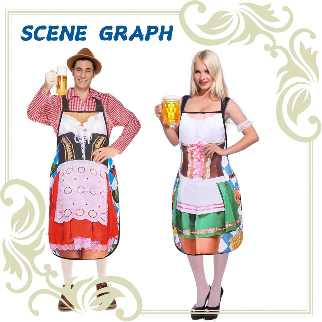 2 Pcs Oktoberfest Mardi Gras Apron Couples Cooking Aprons German Party Costume for Baking BBQ Chef Kitchen Gifts