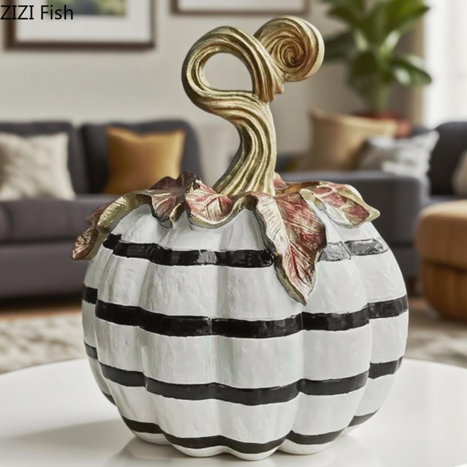 Painted Pumpkin Statue Halloween Decorations Minimalist Black and White Pumpkin Sculpture Ornaments Room Aesthetic Decor