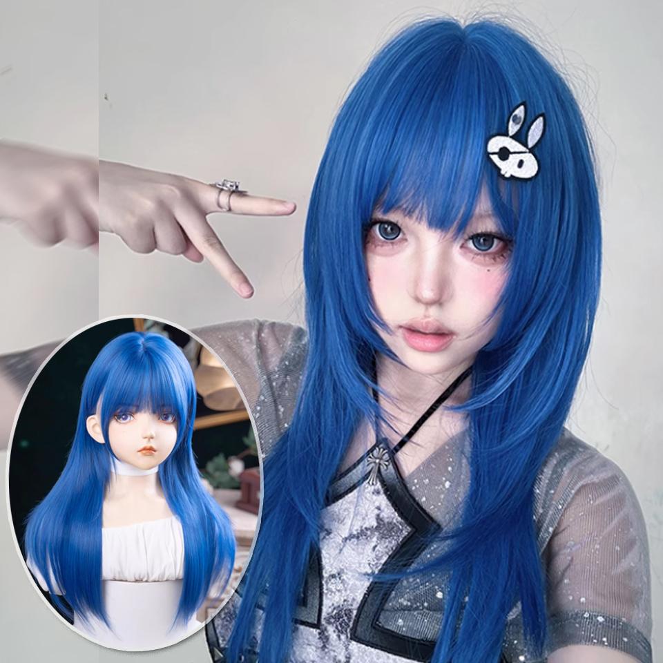 Blaue Hochgestufte Synthetische Lolita-Perücke Flauschige Lange Gerade Perücke mit Pony Geeignet für Frauen Halloween Weihnachten Tragen