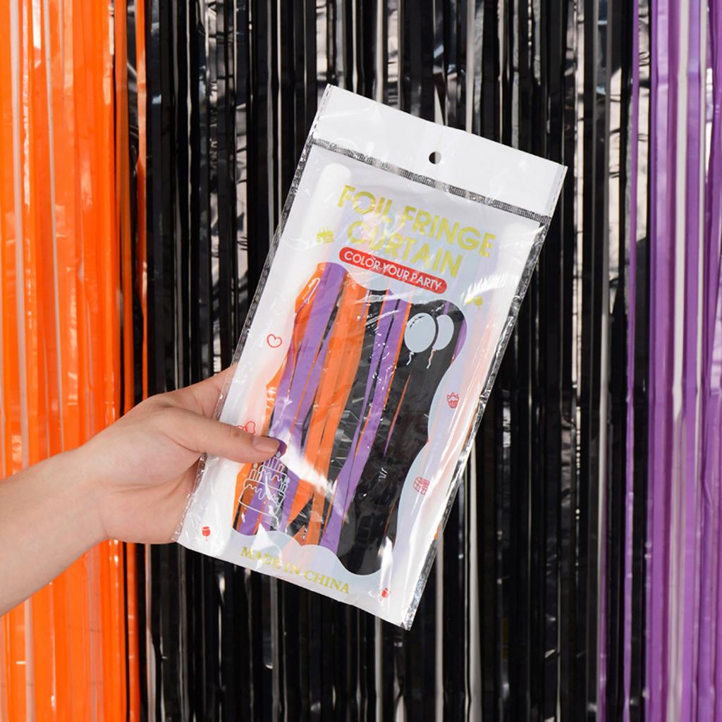 Tricolor Black And Orange With Purple Foil Fringe Curtain, 3.28FT X 6.56FT Door Curtains Photo Booth Back-drop For Halloween Party Decorations