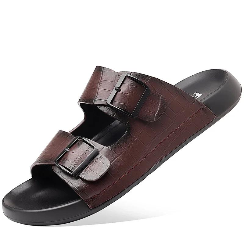 

Fashion Summer Brand Sandals Open-toe Mens Leather Double Button Slippers Classic Half Shoes Outdoor Beach Rubber Flip Flops Trekking 44 коричневый