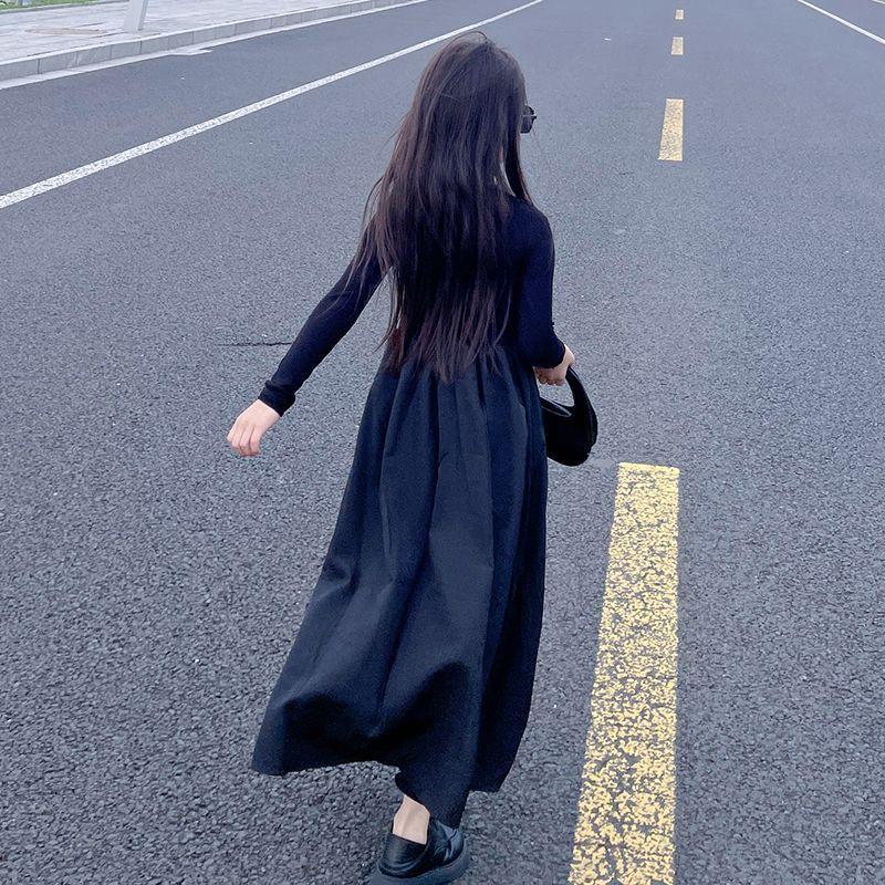 Girls Autumn Hepburn Long Sleeve Black Dress Chic Swing Casual Dress