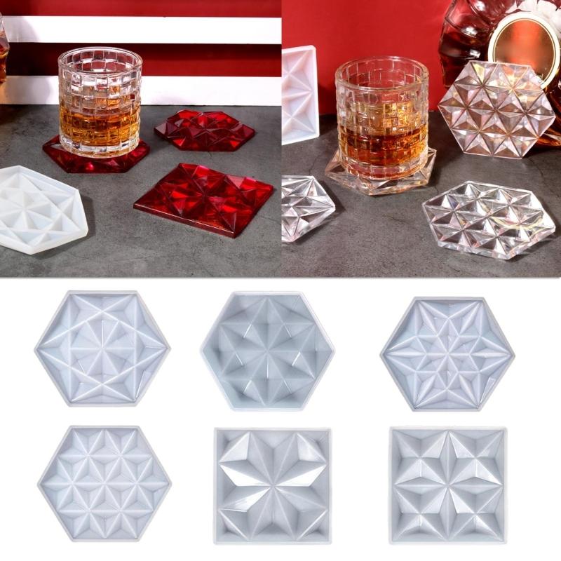 Diy Crystal Epoxy Hexagon Square Coaster Mirror Silicone Mold Dish Tray Mold for Casting with Resin Concrete Cement