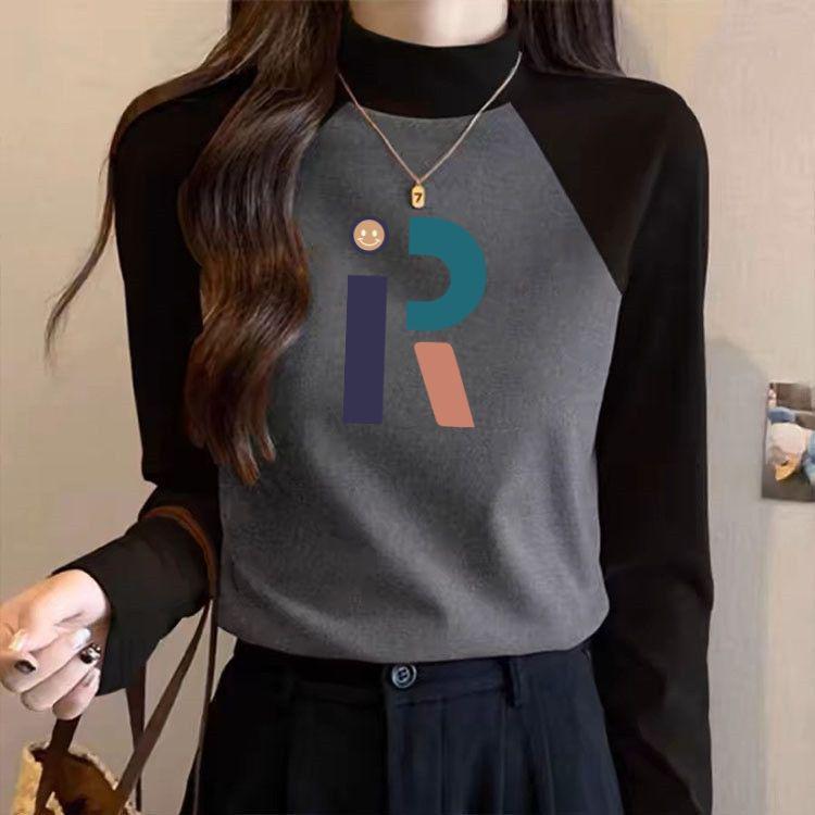 Women's Slim-Fit Thermal Fleece-Lined Long-Sleeve T-Shirt with Brushed Surface and Simple Print