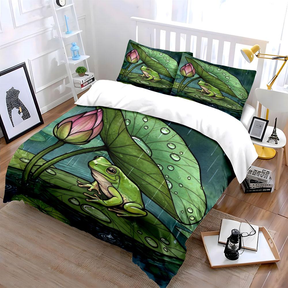 "Frog Lily Pond Art Set" Bedding Set with 1 Duvet Cover 2 Pillowcases Single Double King Queen, Gift