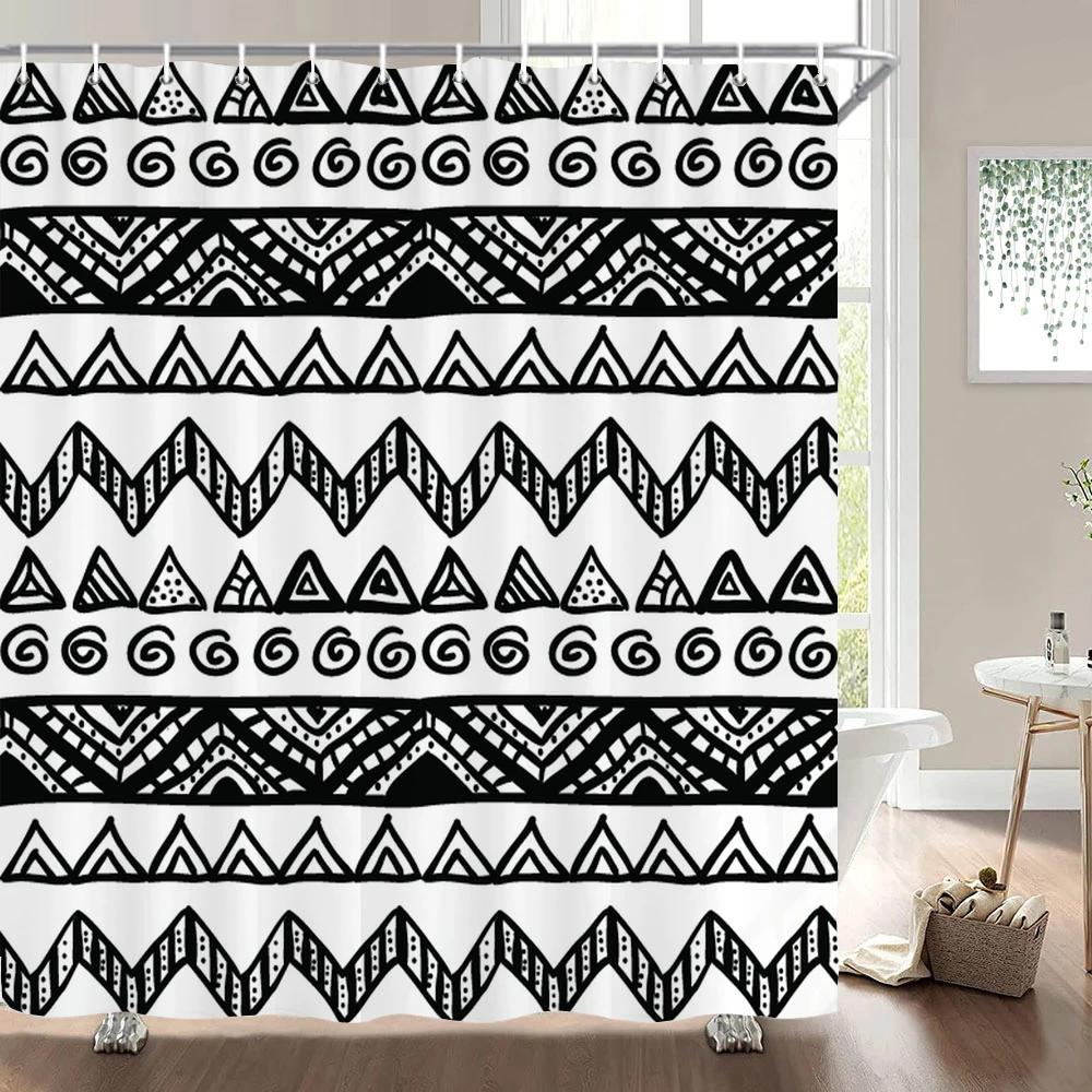 1 Pc Black White Geometric Print Polyester Shower Curtain Waterproof Fabric Partition Bathroom Curtain ,Decoration Bath Curtain
