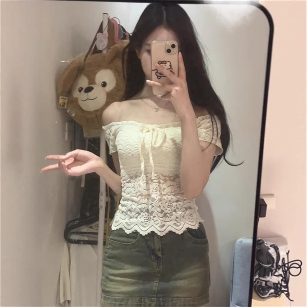 Pure Desire Hottie Sexy One-word Shoulder Lace Short-sleeved T-shirt Women's Summer Tight Short Thin Temperament Unique Top