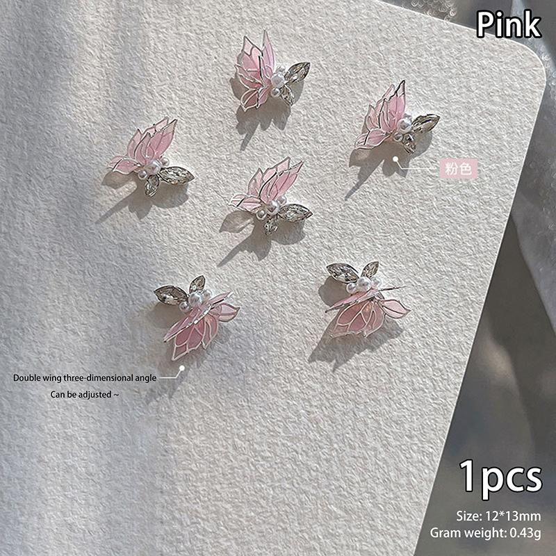 Double Zircon Butterfly Nail Art Charm 3d Pearl Crystal Butterfly Nail Ornament Diy Exquisite Nail Accessories розовый