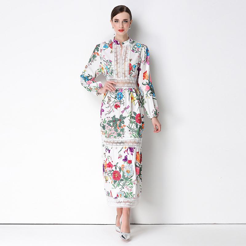 2026 New Floral Print Lace Patchwork Maxi Dress Women Elegant V Neck Long Sleeve White Casual Party Long Dresses Bohemian Robe